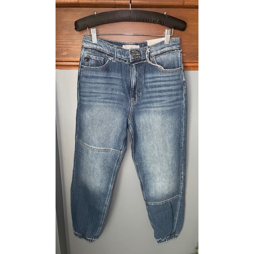 Kancan Womens High Rise Denim Joggers Medium Wash Raw Hem Size 3/25